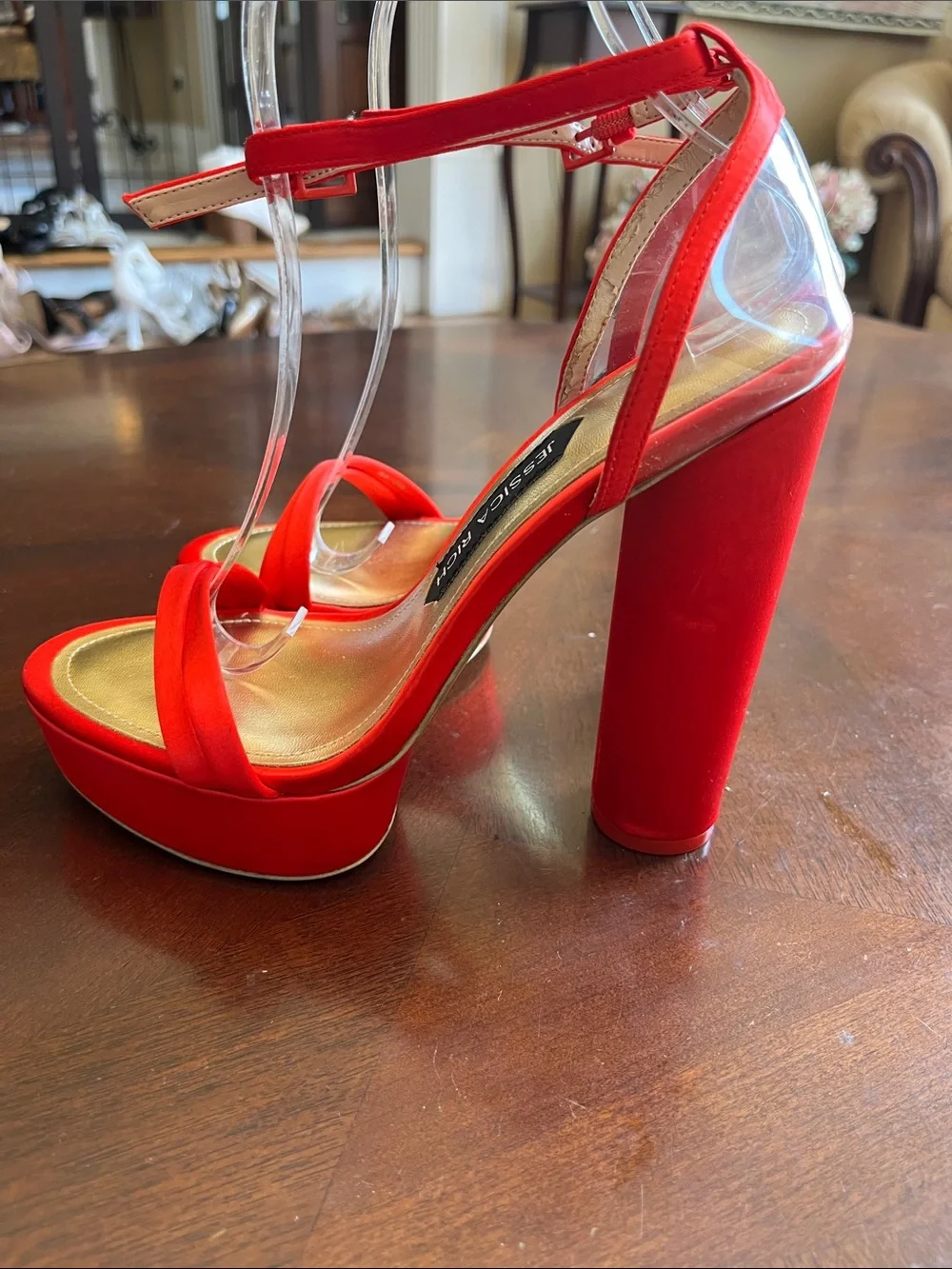 Jessica Rich Red Satin Platform Sandals with Ankle Strap
